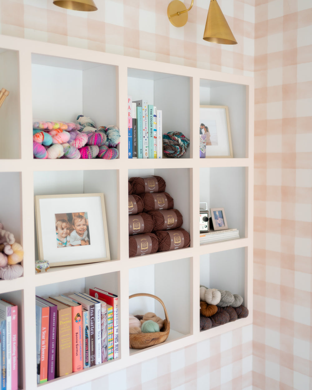 yarn bookshelf with brown wool yarn for knitting
